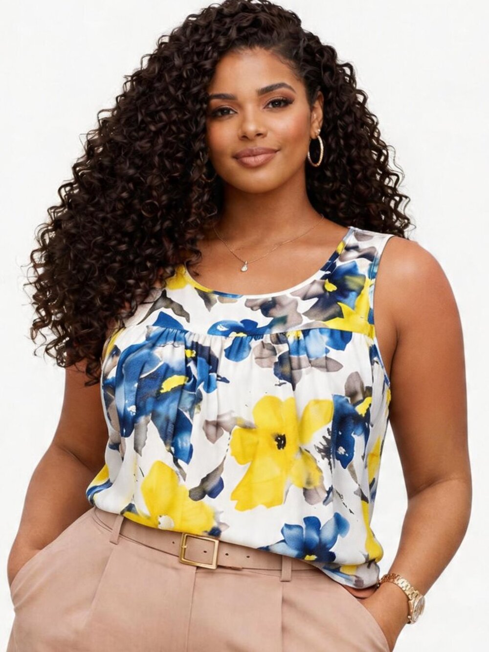 Women's Plus Size Tank Top Loose Fit Sleeveless, BLUE FLORAL PRINT, Size XL
